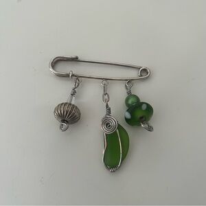 Handmade Safety Pin Brooch with Green Beads